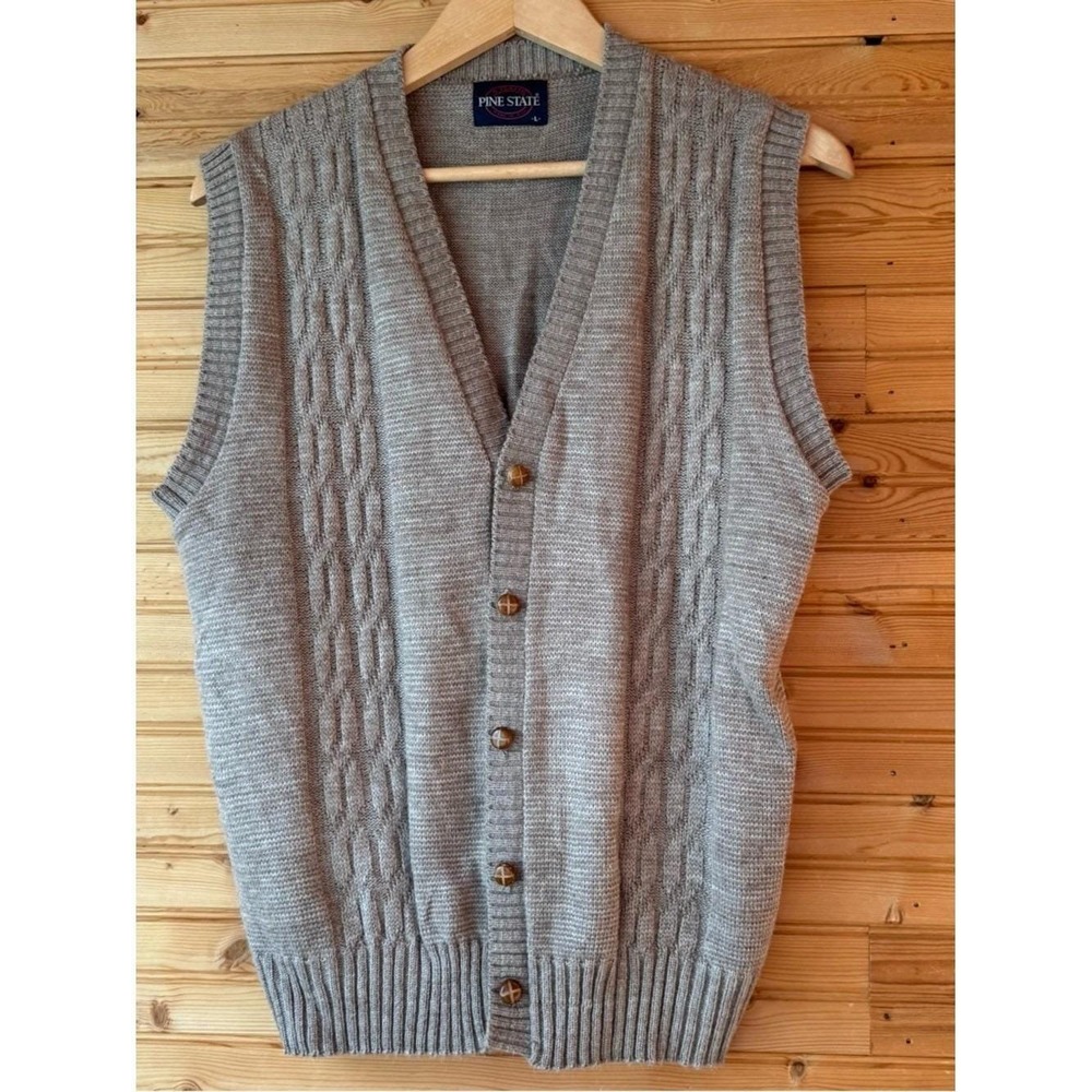 70s VTG Sweater Vest Cable Knit Gray Buttons Pine State Large Grandpa Academia